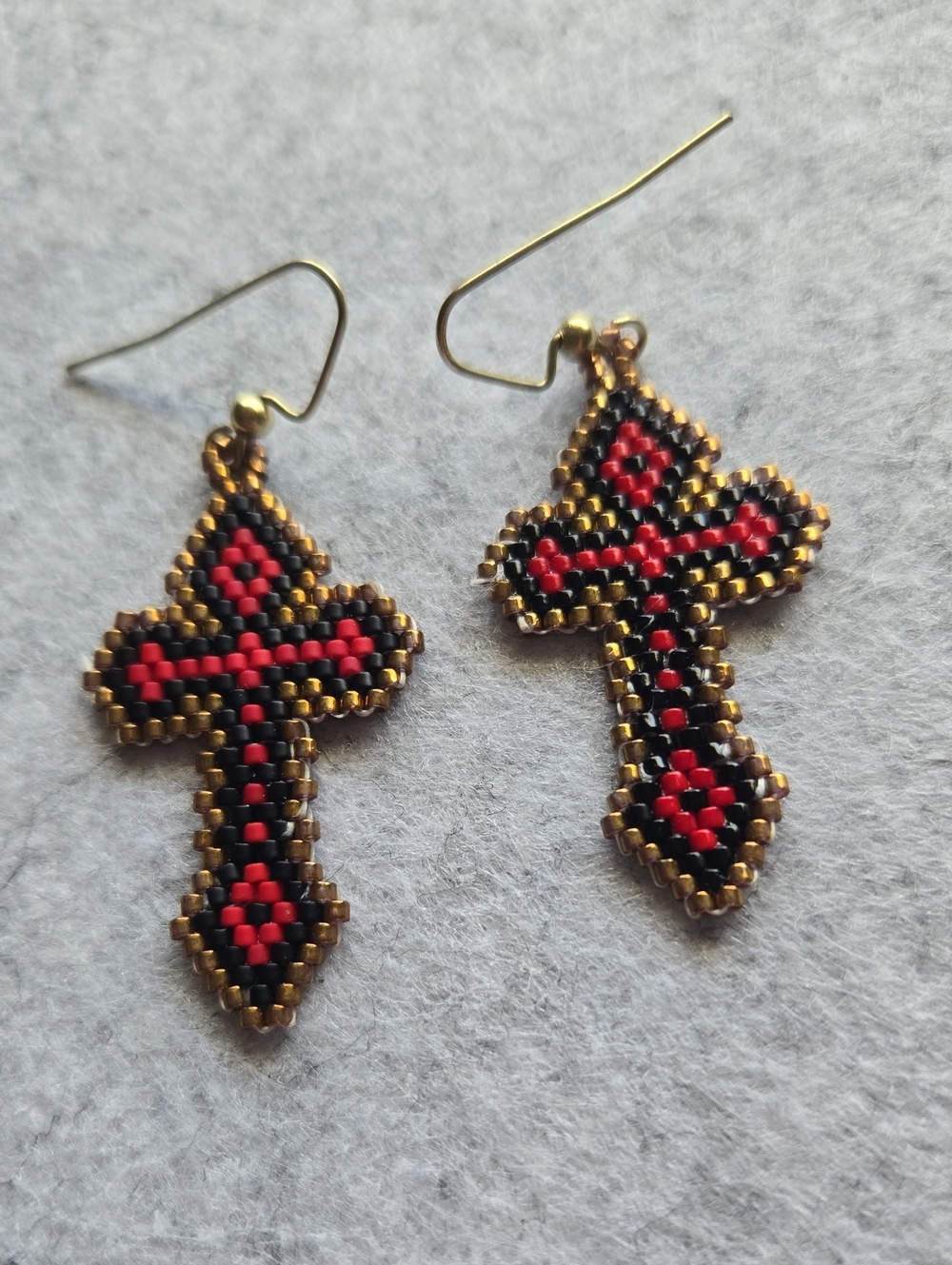Beaded Cross Dangle Earrings - Red, Black & Gold